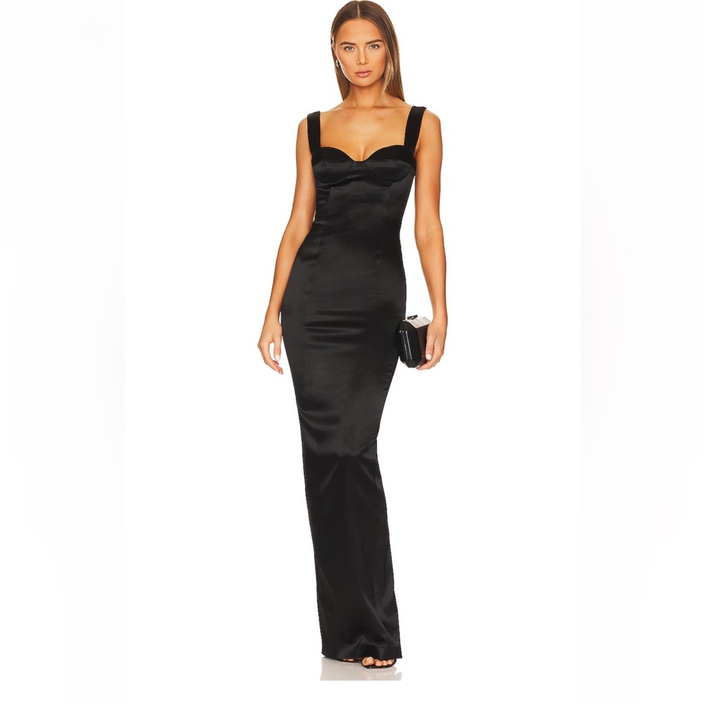 Black Satin Long Evening Dress with Bust Detail no